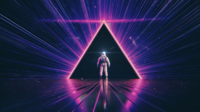 NEON LIGHT PYRAMID & ASTRONAUT ::: futuristic abstract cosmic space triangle | mystery universe concept in a retro glowing synthwave style | 3D Render Illustration 8K
