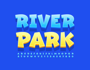 Vector urban sign River Park. 3D Blue Font. Comic style Alphabet Letters and Numbers set