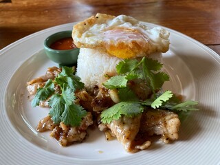 Top view of fried pork and egg on rice served on white plate.  Thai dish style, fast food.