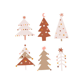 Cute decorated Christmas tree vector illustration set isolated on white. Whimsy holly Xmas party abstract modern pine tree clipart collection. Seasonal winter holidays geometric graphic design