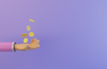 3d cartoon hand catches the falling gold coins. Concept art. A cartoon woman's hand with a gold ring wearing a pink jacket on a violet 