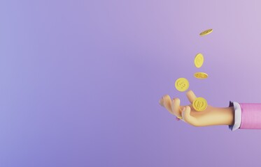 3d cartoon hand catches the falling gold coins. Concept art. A cartoon woman's hand with a gold ring wearing a pink jacket on a violet 