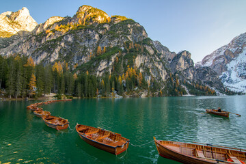Obraz premium The beautiful Braies lake in late autumn with a little snow, Pearl of the Dolomite lakes is an UNESCO heritage and is located in the Braies Alto Adige,Italy