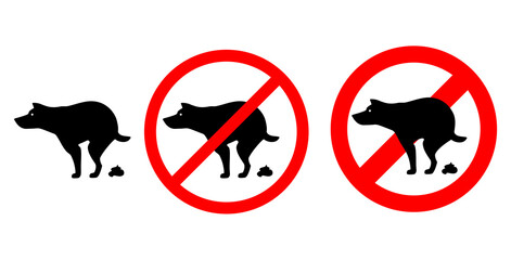 Dog pooping No poop sign. Black silhouette on a white background vector illustration.