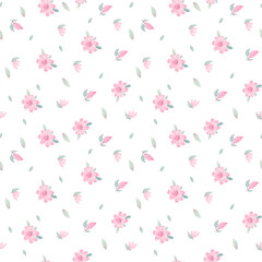 Watercolor hand made seamless pattern with bright pretty spring flowers and leaves on a white background