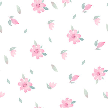 Watercolor hand made seamless pattern with little pretty spring flowers and leaves on a white background