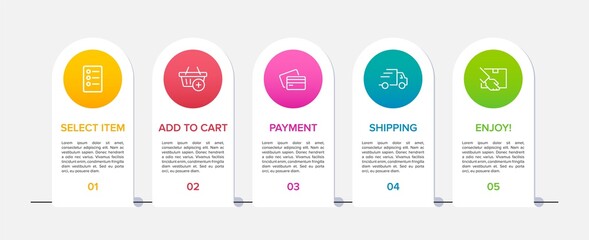 Concept of shopping process with 5 successive steps. Five colorful graphic elements. Timeline design for brochure, presentation, web site. Infographic design layout.