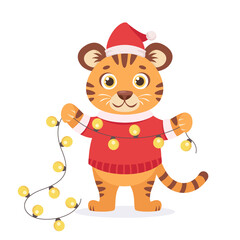 Cute tiger in a sweater with garland. Year of the tiger. Vector illustration