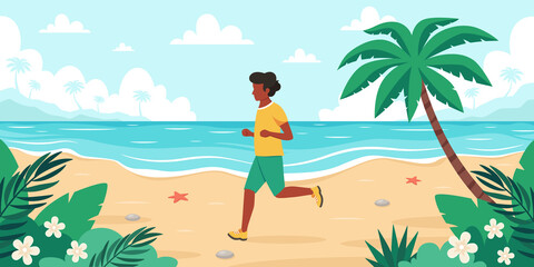 Leisure time on beach. Black man jogging. Summer time. Vector illustration