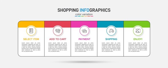 Concept of shopping process with 5 successive steps. Five colorful graphic elements. Timeline design for brochure, presentation, web site. Infographic design layout.