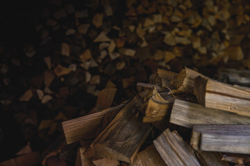 Winter preparation. Stacking Firewood. Pile of firewood loggs. Firewood background.