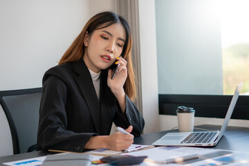 Portrait of business asian woman working in office use computer. Business owner people sme freelance online marketing ecommerce telemarketing, work from home concept