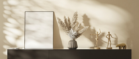 Frame mocku up in interior, warm colors in room,3d render