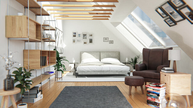 Innenarchitektur Schlafzimmer mit Bett, Fenster, Sonnenlicht und Möbel