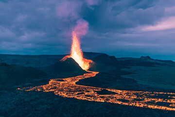 Lava eruption from the biggest volcano crater in Iceland. 