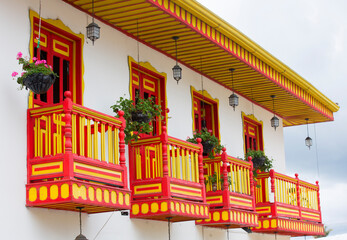 traditional balcony in a house facade in Filandia, Colombia