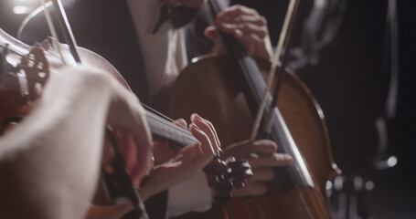 Young man playing double bass and woman playing violin against background