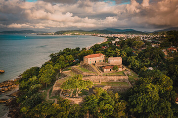 aerial image with drone from praia do forte in florianópolis Santa catarina Brazil in the fortress...