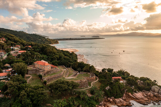 aerial image with drone from praia do forte in florianópolis Santa catarina Brazil in the fortress of são josé de ponta grossa