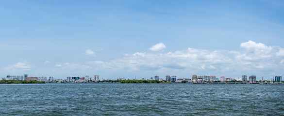 Panoramic river view and cityscapes of Kerala, India.