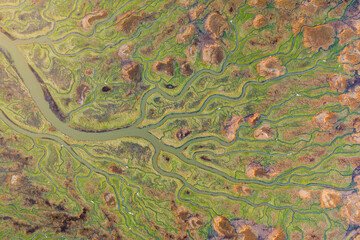 Aerial view of the abstract pattern made by Scheldt river estuaries near Belgium and The Netherlands border, Nieuw-Namen, Zeeland, The Netherlands.