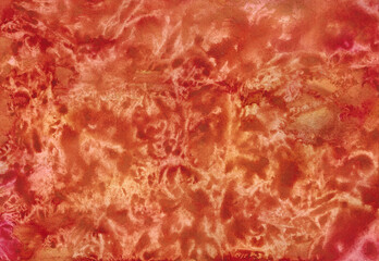 Painterly abstract watercolor background. Grunge style. Red and gold color. The illustration is hand-drawn in watercolor.