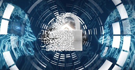 Fototapeta premium Composition of online security padlock over scopes scanning and processor elements