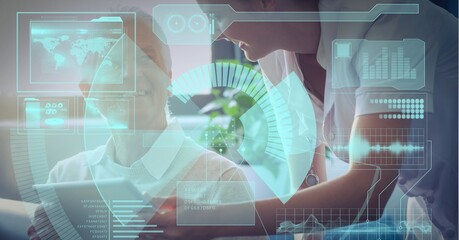 Composition of screen with data processing over business people using tablet