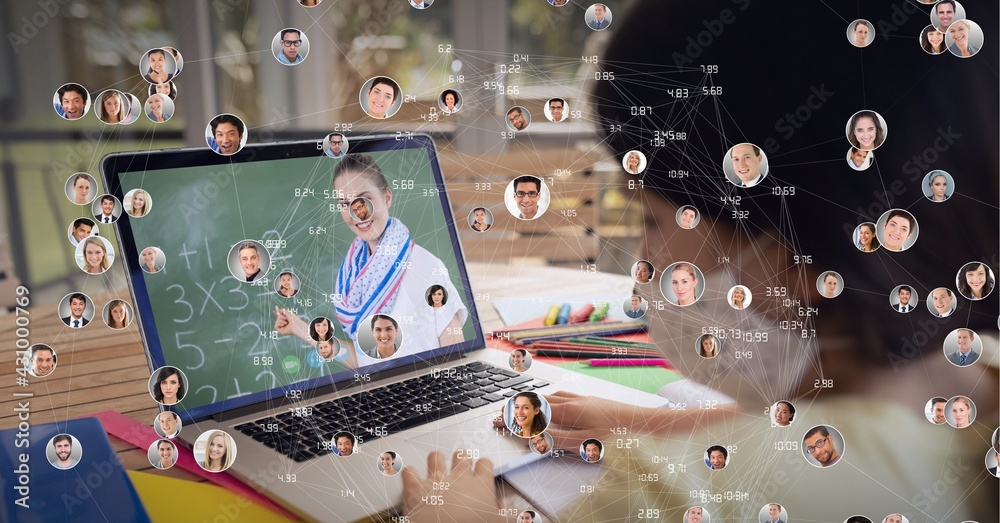 Wall mural Composition of network of people's photographs over female teacher on laptop online lesson