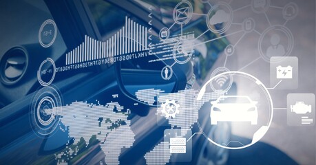 Composition of car and mechanics icons over world map and car in background