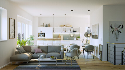 modern apartment interior with scandinavian furniture design