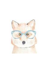 Fashion fox watercolor, cute funny woodland animals, fox hipster