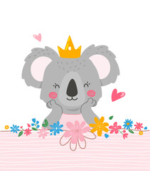 Cute princess koala design,template for invitation card,napkins design,cups,plates.Vector illustration in flat style. © cottidie