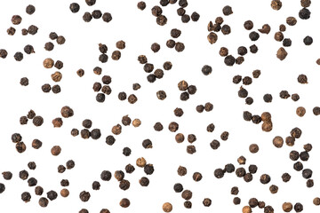 Black pepper seeds on white background. Food ingredients, spices