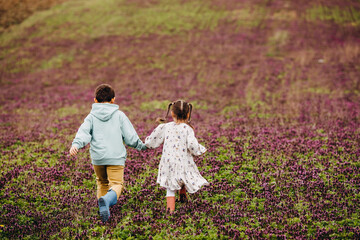 Boy and girl holding hands, running in a field with purple flowers in the countryside.