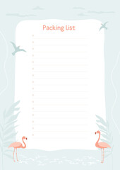 Check list and planner template. Marine illustration with flamingo and palm leaves. Empty space with lines. Agenda, schedule, notebooks, cards, stationery design. Vacation packing note.