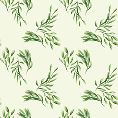 Seamless watercolor floral pattern-a composition of green leaves and branches on a white background, perfect for wrappers, wallpapers, postcards, greeting cards, wedding invitations, romantic events, 