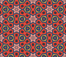 Abstract colorful doodle flower seamless pattern. Floral geometric background. Mosaic, tile of thin line ornament.