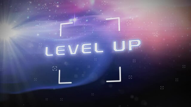 Animation of level up text in white marker over pink to blue universe in background