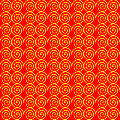 Seamless pattern in Japanese style. Geometric ornament with abstract yellow elements on a red background.