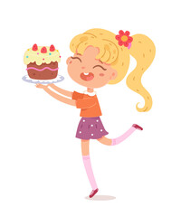 Happy birthday, girl celebrating at party with cake. Cute child having fun vector illustration. Little girl smiling and jumping with plate at event isolated on white background