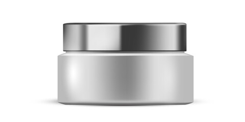 Plastic beauty container jar with cream, lotion, balm or balsam. Blank pack for care and hygiene vector illustration. Mock up template packaging of cosmetic product on white background