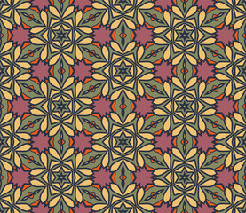 Abstract colorful doodle flower seamless pattern. Floral geometric background. Mosaic, tile of thin line ornament.