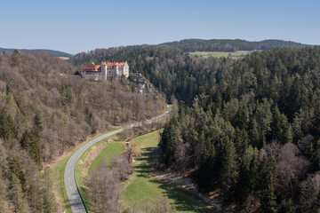 Bird's eye view of Rabenstein Castle in the Ahorntal in Franconian Switzerland / Germany in spring 