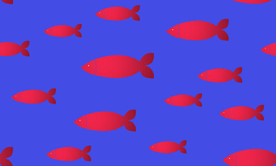 Red Fishes Seamless Pattern with blue Background.