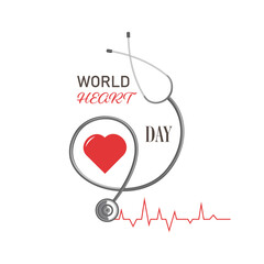 Vector illustration dedicated to world heart day. Stethoscope, heart and cardiogram. Banner, poster, sign. For various print and web applications.