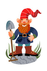 Garden gnome with shovel. Funny little dwarf statue vector illustration. Male midget in red hat and costume standing and smiling with spade equipment in hand on white background