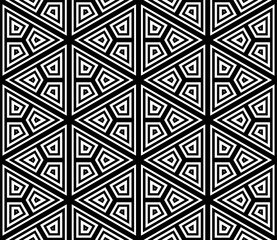 Abstract black and white halftone hexagon, triangle seamless pattern. Geo shape background. Mosaic, tile of thin line ornament.