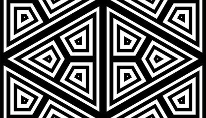 Abstract black and white halftone hexagon, triangle seamless pattern. Geo shape background. Mosaic, tile of thin line ornament.