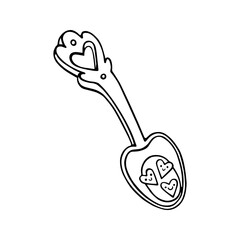 Dessert spoon made of silver with a heart-shaped decoration. Cartoon spoon with jam from smiling hearts. Hand-drawn vector illustration in doodle style, isolated. For stickers, cards, Valentine's Day.